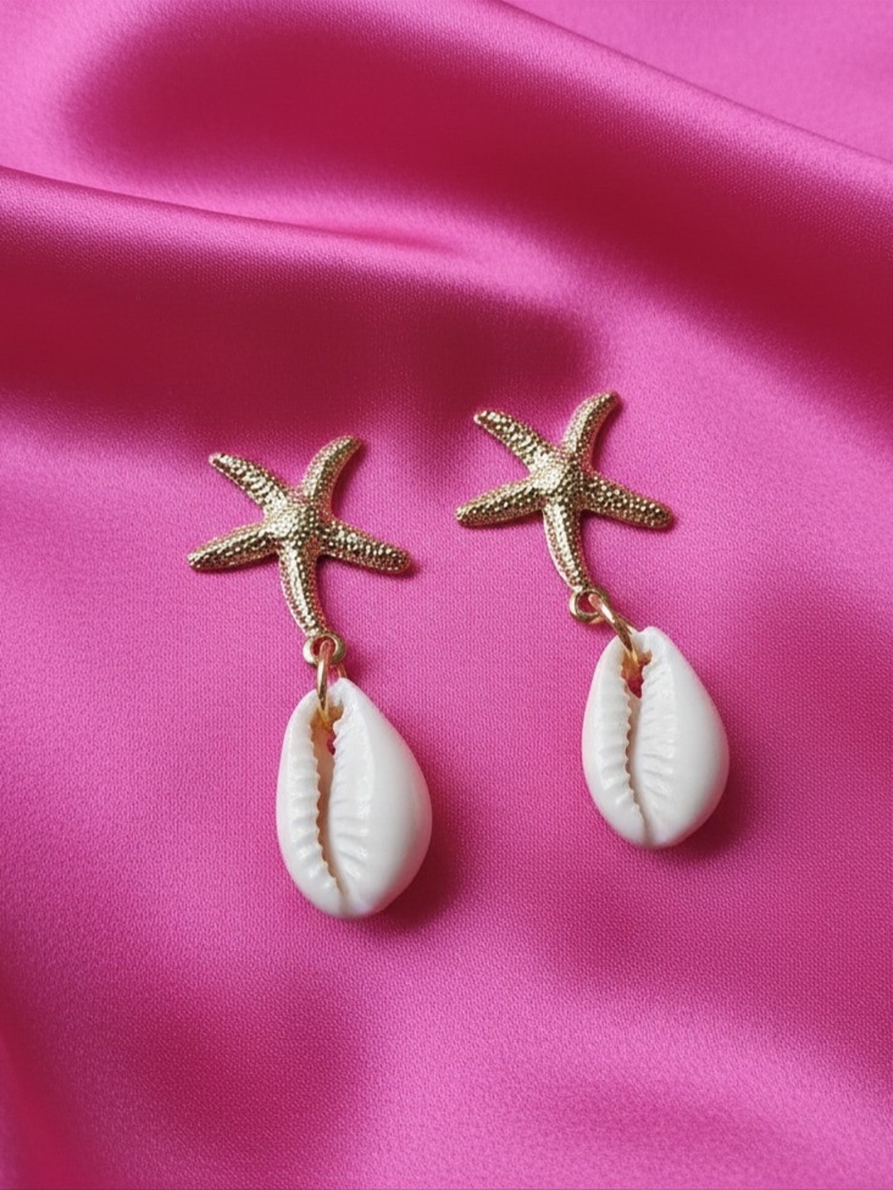 Gold‎ Starfish & White Cowrie Shell Drop Earrings